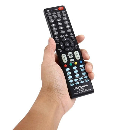 Chunghop Universal Remote for Konka LED and LCD Televisions held in hand showing full keypad and buttons