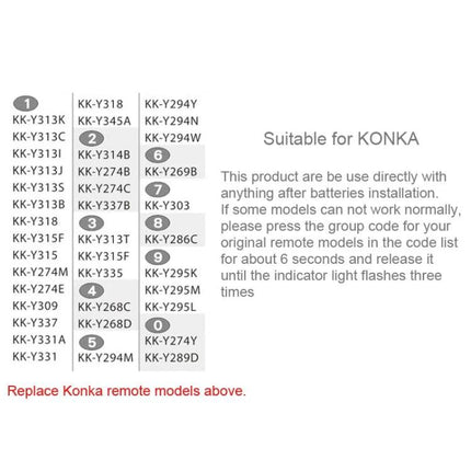 Chunghop Universal Remote for Konka LED and LCD Televisions replacement remote showing compatible Konka model codes and simple no-setup instructions