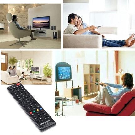 ChungHop Universal Remote for Panasonic LED and LCD TVs shown with families using TVs, simple plug-and-play replacement remote