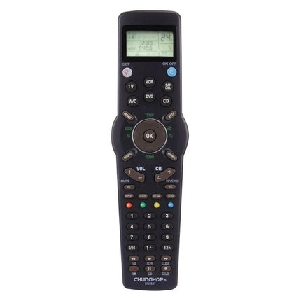 Chunghop Universal LCD Remote Controller for TV and Appliances showing full black remote with LCD screen and multi-device buttons