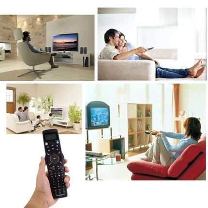 Chunghop Universal LCD Remote Controller for TV and Appliances held in hand with families using it to control multiple living room devices