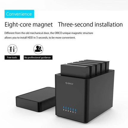 ORICO 5-Bay USB 3.0 Enclosure for 3.5-Inch Hard Drives showing five 3.5" HDDs, magnetic tool-free design and three-second installation
