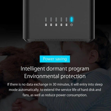 ORICO 5-Bay USB 3.0 Enclosure for 3.5-Inch Hard Drives showing power-saving LED status and sleep mode features