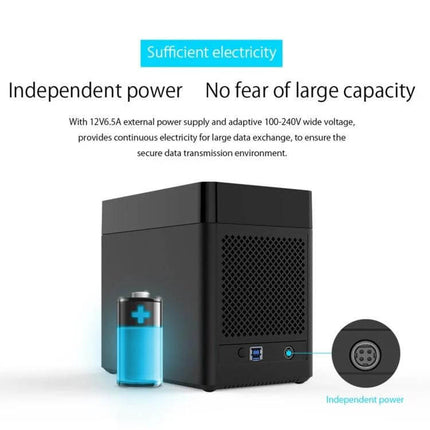 ORICO 5-Bay USB 3.0 Enclosure for 3.5-Inch Hard Drives showing black tower enclosure, USB 3.0 port and power input emphasizing independent power supply