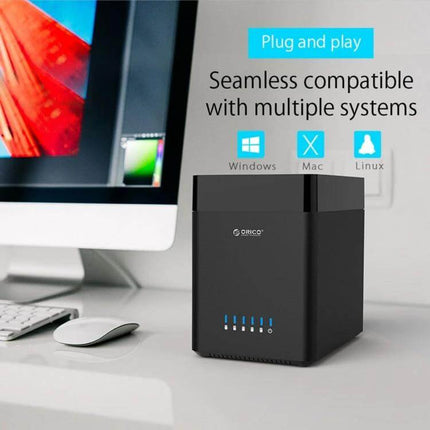 ORICO 5-Bay USB 3.0 Enclosure for 3.5-Inch Hard Drives shown on desk next to monitor, plug-and-play cross-platform compatibility