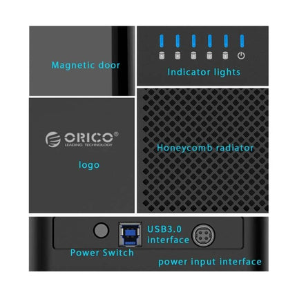 ORICO 5-Bay USB 3.0 Enclosure for 3.5-Inch Hard Drives showing magnetic door, indicator lights, honeycomb radiator, USB3.0 and power interfaces