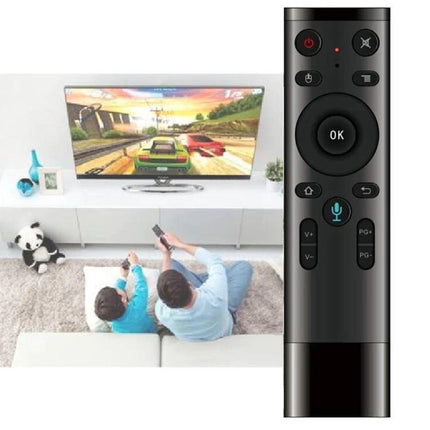 Voice-Controlled Universal Air Mouse Remote for TVs and Computers showing remote with voice button and family streaming on TV