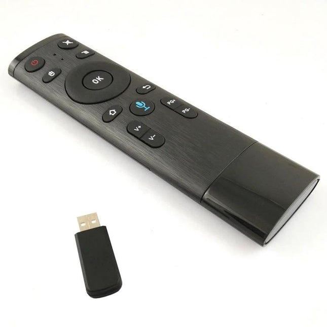 Voice-Controlled Universal Air Mouse Remote for TVs and Computers shown with USB receiver, black ergonomic remote with voice and motion control buttons