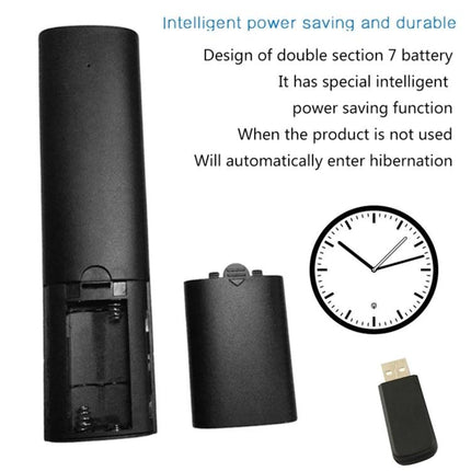 Voice-Controlled Universal Air Mouse Remote for TVs and Computers with open battery compartment, detachable cover and USB receiver