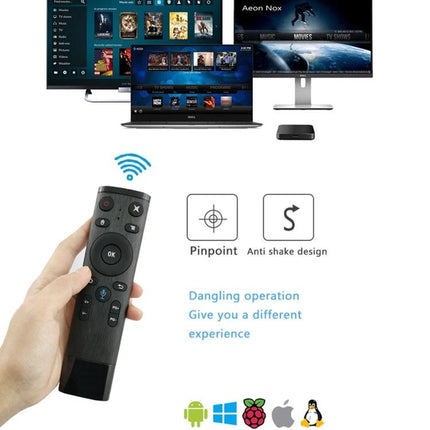 Voice-Controlled Universal Air Mouse Remote for TVs and Computers in hand pointing at smart TV and laptop, motion and voice control