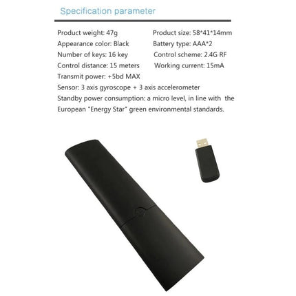 Voice-Controlled Universal Air Mouse Remote for TVs and Computers black remote with USB dongle and specs sheet