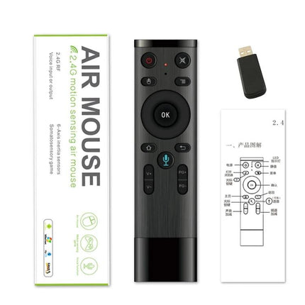 Voice-Controlled Universal Air Mouse Remote for TVs and Computers sleek black remote with USB receiver and packaging