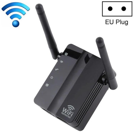 WiFi Range Extender for Boosting Home Network Coverage black dual-antenna wall-plug repeater for eliminating dead zones