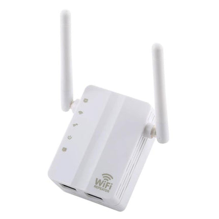 Compact white WiFi Range Extender for Boosting Home Network Coverage with dual external antennas and LED indicators