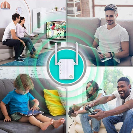 WiFi Range Extender for Boosting Home Network Coverage - compact dual-antenna unit improving streaming, gaming, and video calls throughout home