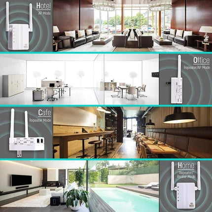 WiFi Range Extender for Boosting Home Network Coverage - wall plug repeater for hotels, offices, cafes and home to eliminate dead zones