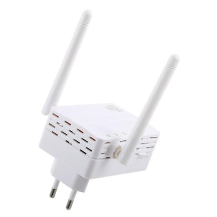 WiFi Range Extender for Boosting Home Network Coverage — white dual-antenna plug-in unit to eliminate dead zones and extend signal