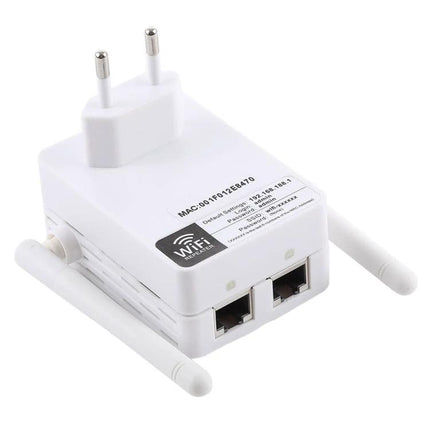 Compact white WiFi Range Extender for Boosting Home Network Coverage with dual antennas and Ethernet ports for eliminating dead zones