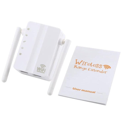 WiFi Range Extender for Boosting Home Network Coverage white dual-antenna unit next to user manual, ideal for eliminating dead zones