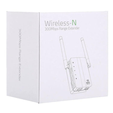 WiFi Range Extender for Boosting Home Network Coverage — white Wireless-N 300Mbps range extender box with dual antennas