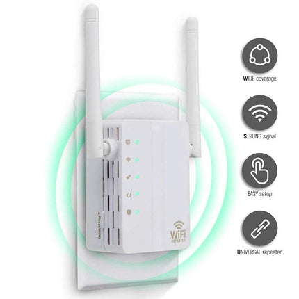 WiFi Range Extender for Boosting Home Network Coverage white dual-antenna wall plug repeater showing signal icons