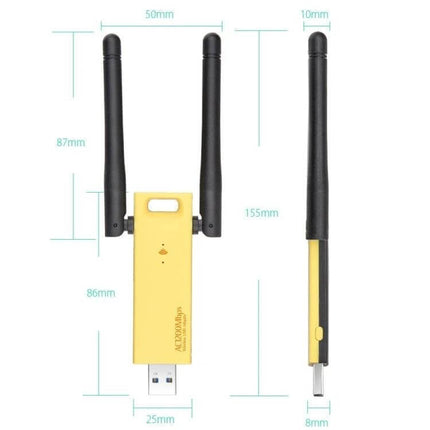 Dual-Band USB 3.0 WiFi Adapter for Wireless Internet Access - yellow USB 3.0 dongle with dual external antennas and dimensions shown