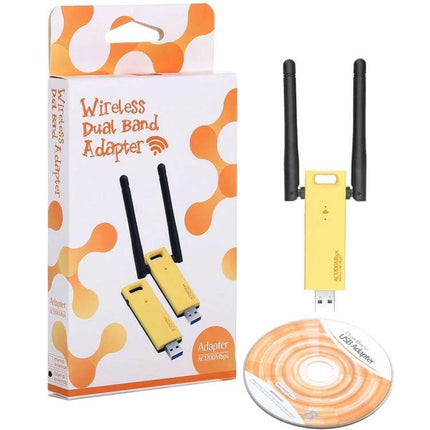 Dual-Band USB 3.0 WiFi Adapter for Wireless Internet Access - yellow dual-antenna USB adapter with retail box and driver CD