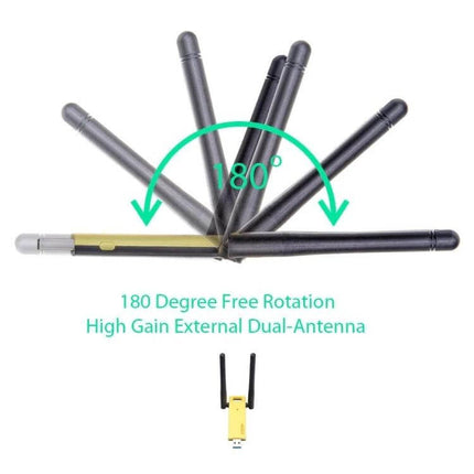 Dual-Band USB 3.0 WiFi Adapter for Wireless Internet Access - gold USB dongle with two high-gain external antennas showing 180° rotation for improved signal