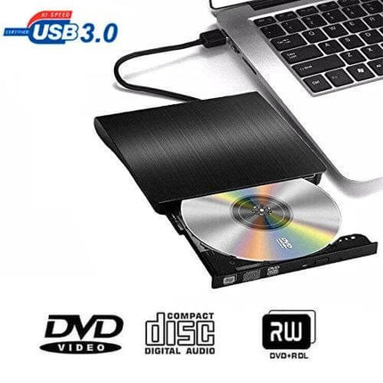 Portable USB 3.0 External DVD-RW Drive for Laptops and Desktops slim black external optical drive connected to laptop with disc tray open