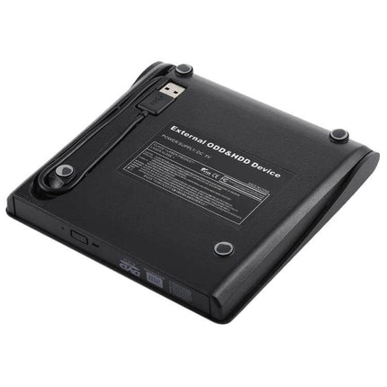 Portable USB 3.0 External DVD-RW Drive for Laptops and Desktops showing slim black external optical drive with integrated USB cable
