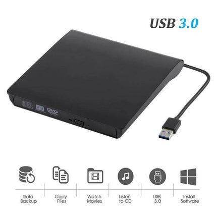 Portable USB 3.0 External DVD-RW Drive for Laptops and Desktops slim black external optical drive with USB 3.0 cable for watching movies and backing up files