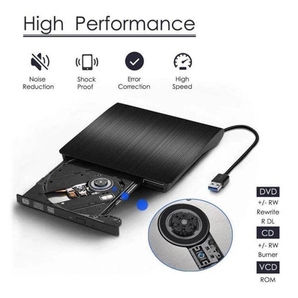 Portable USB 3.0 External DVD-RW Drive for Laptops and Desktops slim black external optical drive with USB cable, read/write CDs and DVDs