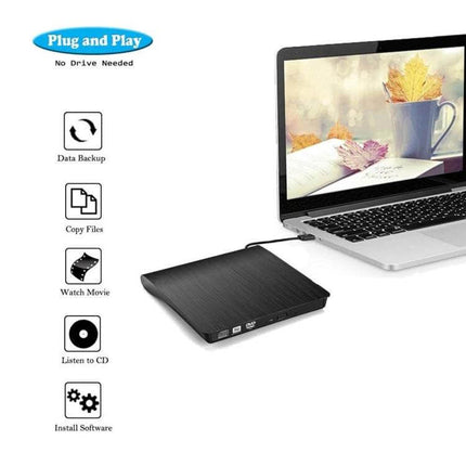 Portable USB 3.0 External DVD-RW Drive for Laptops and Desktops slim black drive connected to laptop for watching movies, data backup and software install