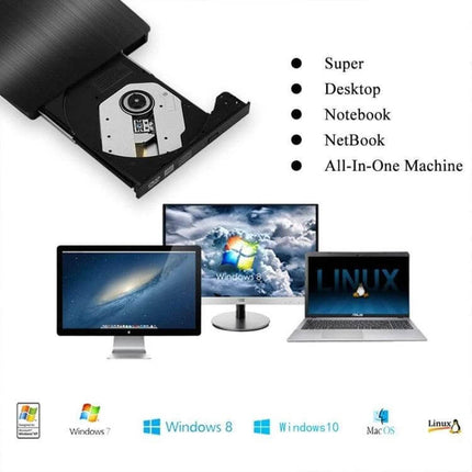 Portable USB 3.0 External DVD-RW Drive for Laptops and Desktops - slim external DVD writer shown with laptops and desktop monitors