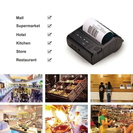 Portable Thermal Bluetooth Printer for Receipts and Tickets shown printing receipts with use cases like mall, supermarket, hotel, kitchen, store, restaurant