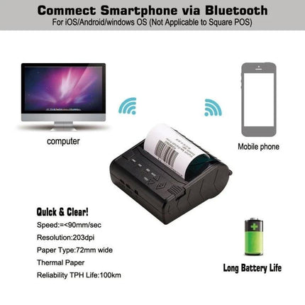 Portable Thermal Bluetooth Printer for Receipts and Tickets - Compact mobile receipt and ticket printer connecting to smartphone or computer via Bluetooth