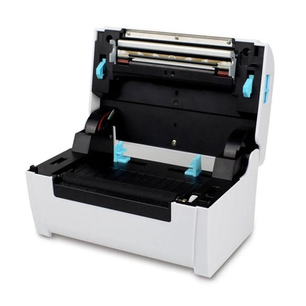 Portable Bluetooth Thermal Ticket Printer with Holder open showing internal bracket and paper guides for stacked or rolled materials
