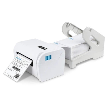 Portable Bluetooth Thermal Ticket Printer with Holder printing a label with external bracket holding rolled paper