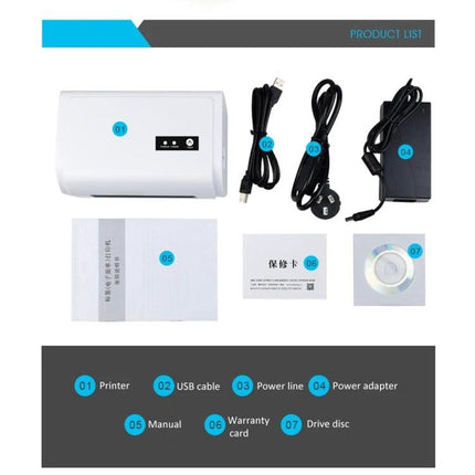 Portable Bluetooth Thermal Ticket Printer with Holder and accessories kit including USB cable, power adapter, manual, warranty card, and driver disc