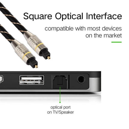 Toslink Optical Audio Cable for Home Entertainment, 1 Meter connecting TV optical port to soundbar with braided cable and square optical connectors