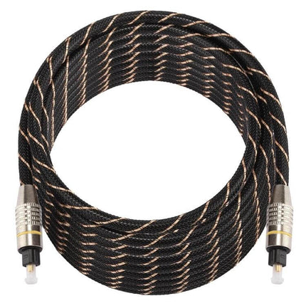 10-Meter Toslink Optical Audio Cable for Digital Connections coiled black braided optical cable with metal Toslink connectors