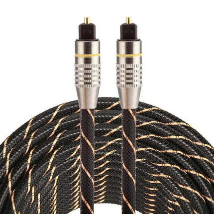 15-Meter Toslink Digital Optical Audio Connection Cable coiled black braided cable with gold-tipped Toslink connectors for home audio setups