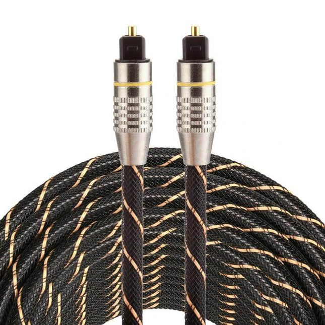 15-Meter Toslink Digital Optical Audio Connection Cable coiled black braided cable with gold-tipped Toslink connectors for home audio setups