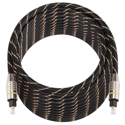 15-Meter Toslink Digital Optical Audio Connection Cable coiled black braided cable with metal Toslink connectors for room-spanning digital audio