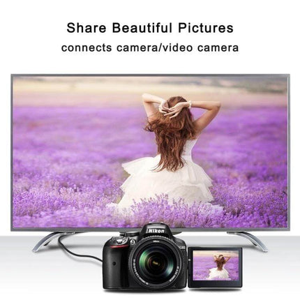 30cm HDMI to Micro HDMI Cable for Camera Connections - camera connected to TV showing high‑def image for photographers and videographers