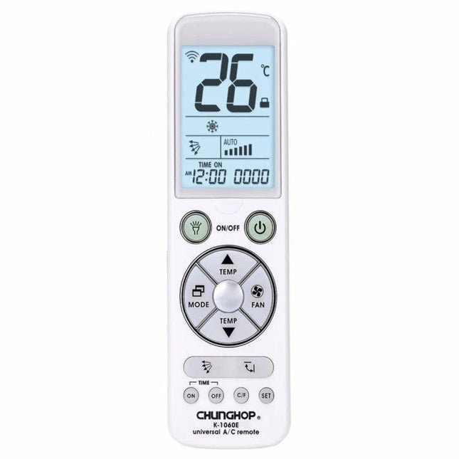 Chunghop Universal Remote Controller for Air Conditioner Operation white remote with LCD showing 26°C and mode buttons