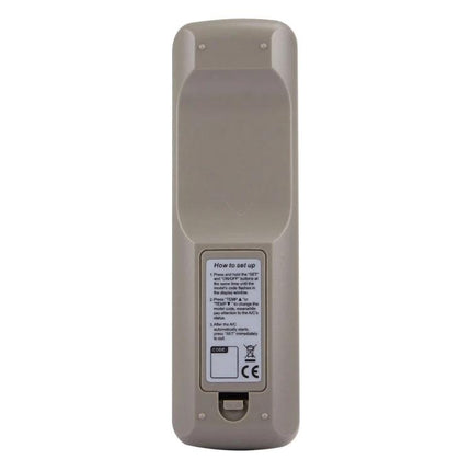Chunghop Universal Remote Controller for Air Conditioner Operation back view showing battery compartment and setup label, beige plastic remote