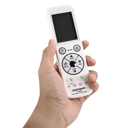 Chunghop Universal Remote Controller for Air Conditioner Operation held in hand showing LCD and control buttons