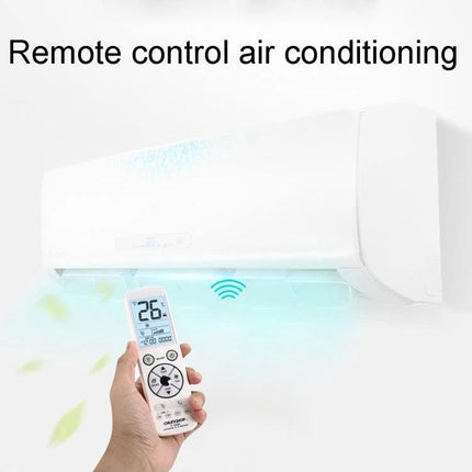 Chunghop Universal Remote Controller for Air Conditioner Operation pointing at wall AC with LCD showing 26°C, fan and mode icons, ideal replacement remote