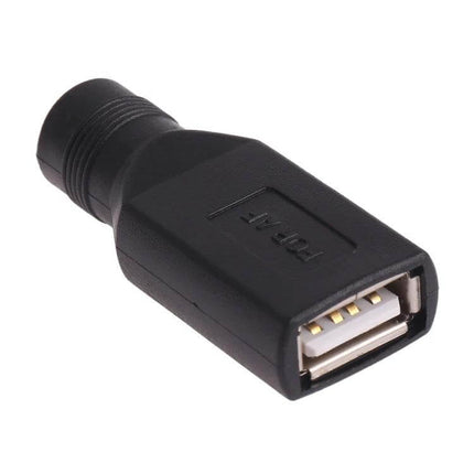 USB Female to 5.5mm Adapter for Device Connections - compact black USB female to 5.5 x 2.1mm plug adapter for charging and device compatibility